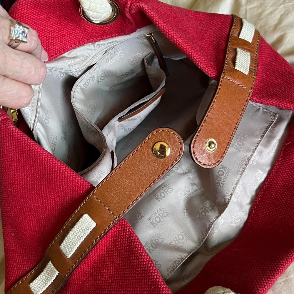Michael Kors Marina Mandarin Red Canvas Convertible Purse - Picture 10 of 11